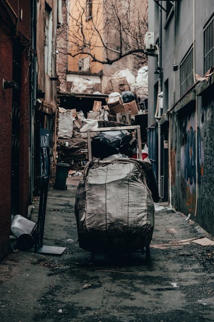 A narrow alleyway cluttered with miscellaneous rubbish and discarded items, including a large grey bag or sack positioned in the foreground. Behind it, there are piles of cardboard boxes, black plastic bags, and other debris stacked against a wooden barrier or fence, creating an overflow of waste material. The alley is flanked by brick and concrete walls, with graffiti visible on the right side, and features a weathered pavement surface with patches of dirt and small scattered objects. Bare tree branches extend overhead, and an old, weathered building with peeling paint and metal piping can be seen in the background. The scene is illuminated by natural daylight, giving a subdued, utilitarian feel consistent with a private waste collection or rubbish removal context, possibly handled by independent waste removal services like those provided by Rubbish Removals Shepherds Bush. The overall environment suggests an area used for temporary or discarded waste storage, typical of urban alleyways where rubbish is temporarily accumulated prior to collection or disposal.