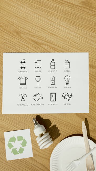 A white sheet of paper with printed icons of various waste categories such as organic, paper, plastic, metal, textile, glass, battery, bulbs, chemical, hazardous, e-waste, and mixed waste, is placed on a wooden surface. Nearby, there is a compact fluorescent light bulb with a spiral shape, a small rectangular card featuring a green recycling symbol, a disposable white cutlery set consisting of a fork and a knife placed on a white paper plate, and a wooden stir stick. The scene appears to be part of an educational or informational setup related to waste management and categorization, possibly used for a rubbish removal service or recycling guidance. The wooden surface provides a neutral background that emphasizes the cleanliness and organization of the waste classification items, aligning with the themes of independent collection and proper disposal practices promoted by companies such as rubbishremovalshepherdsbush.com.